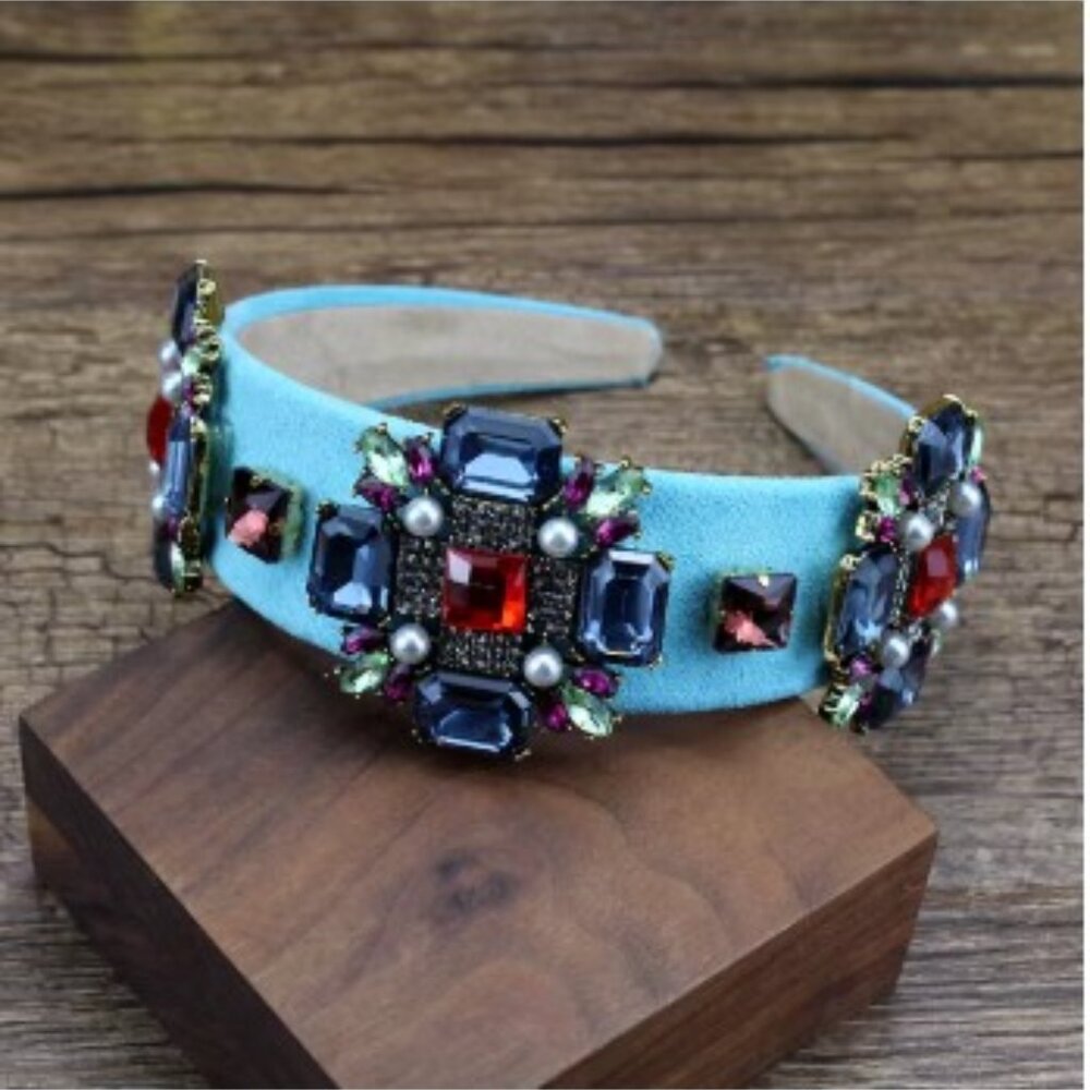 Elegant Vintage Blue & Red Bejeweled Headband